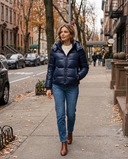 Woman wearing the Hooded Puffer Jacket in New York