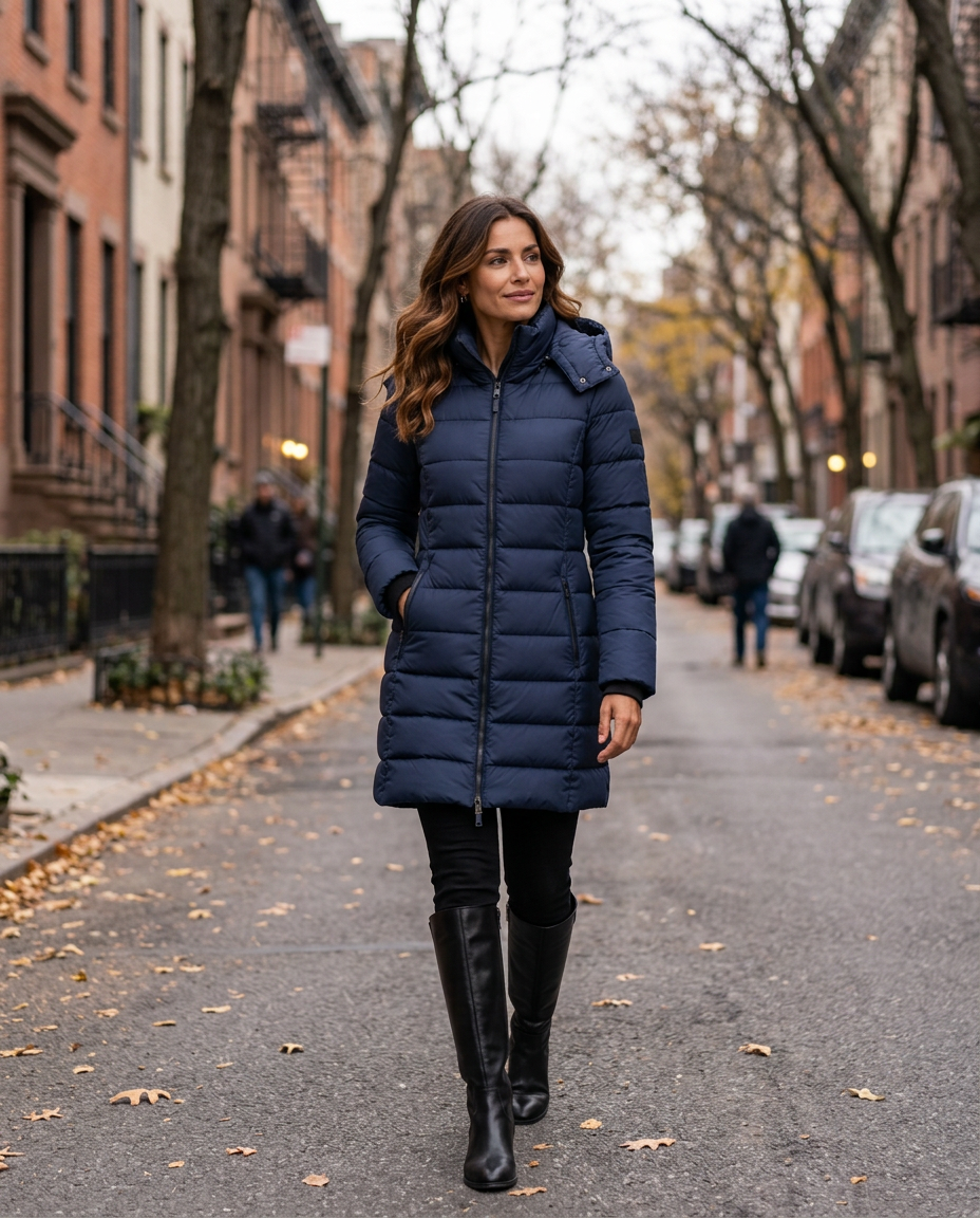 Woman wearing the Long Hooded Insulated Puffer Winter Coat in New York